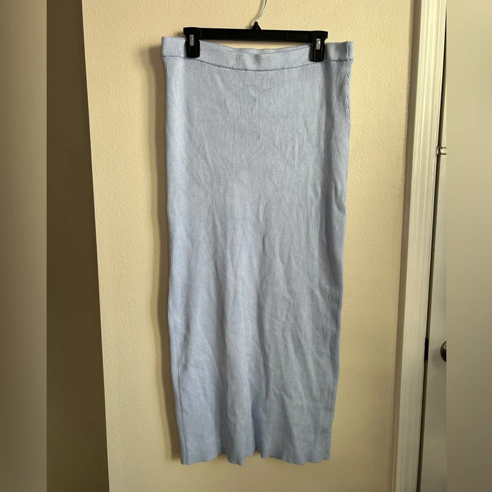 Olive + Oak Light Blue Ribbed Knitted Midi Skirt Back Slit Size XL